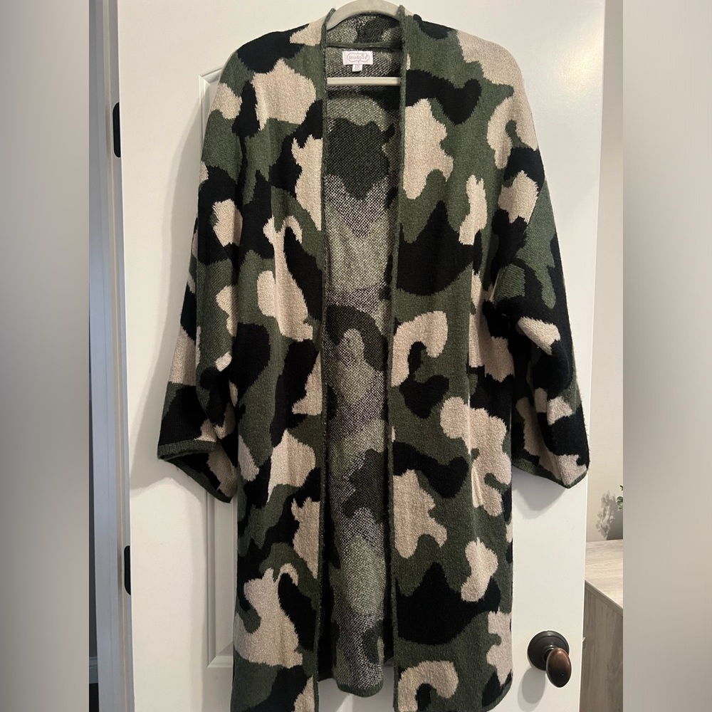 Mud Pie Gwyneth long Camo print cardigan.